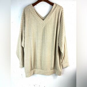 P & Rose 3X Ribbed V-Neck Oatmeal Brushed Casual Top NWT